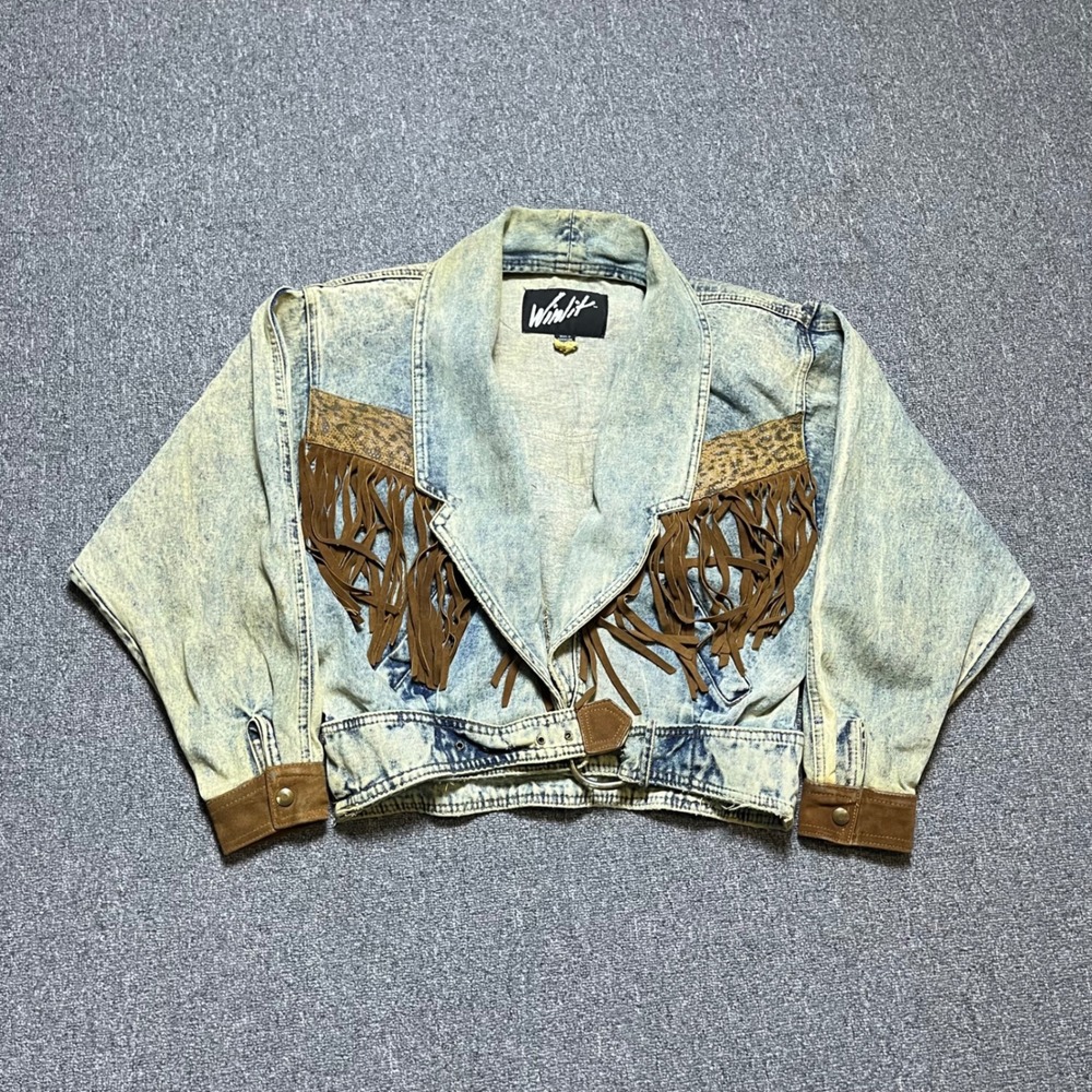 Vintage Winlit Denim Jacket Size M Blue Acid Wash Fringe Leopard Western 80s 90s